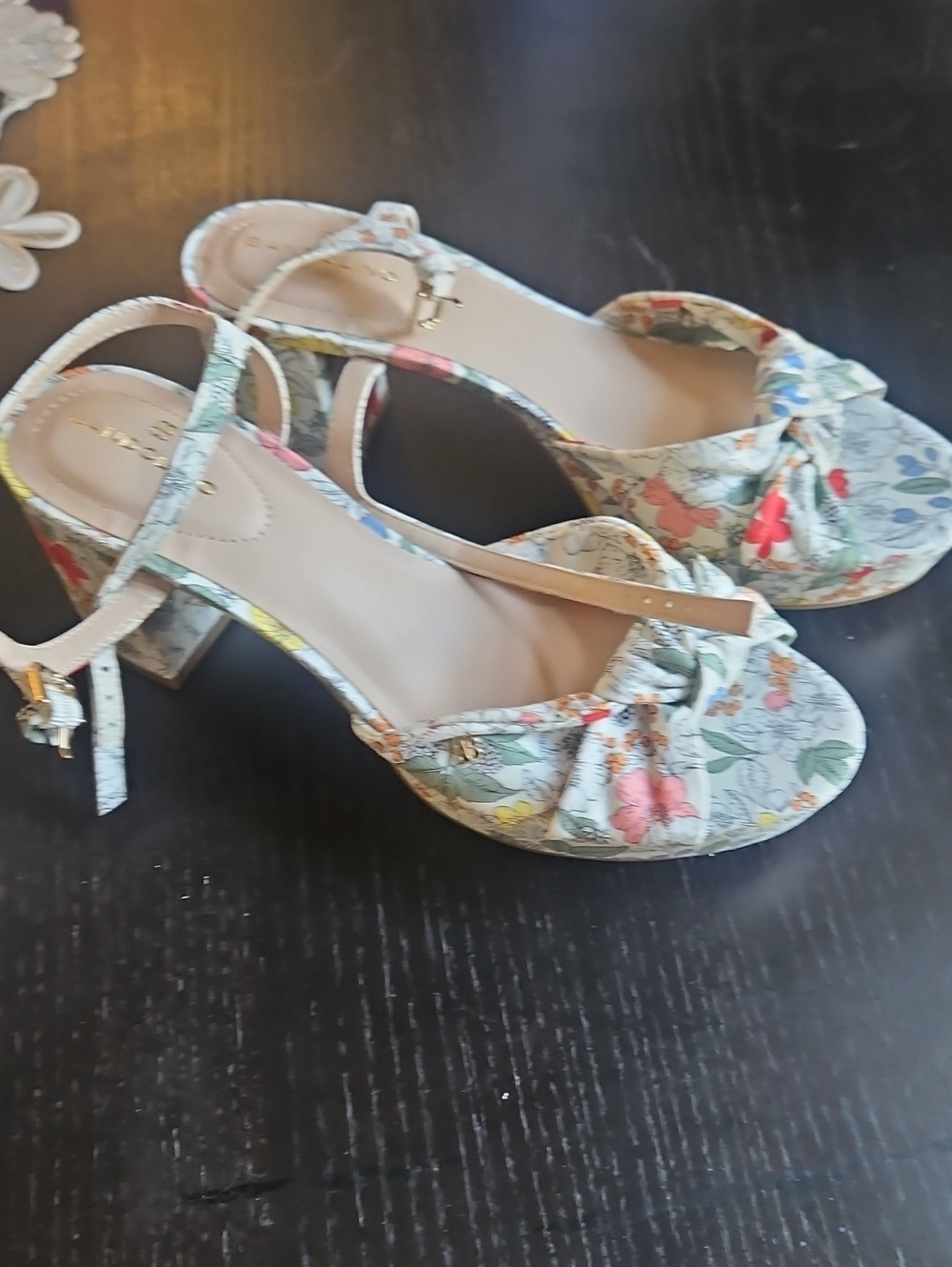 Bandolino Floral Knot Block Heel Sandals - Cream with Pink & Green Accents